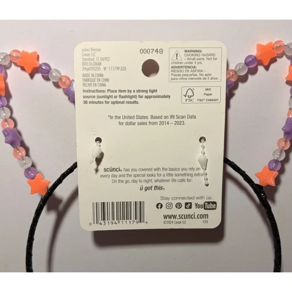 Scunci Kitty Ears Glow-in-the-Dark Black Headband Metal Stars Bead‎ 2024 NWT